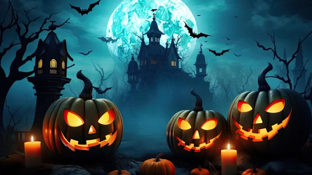 Halloween celebration with costumes, carved pumpkins, haunted houses, and candy treats.