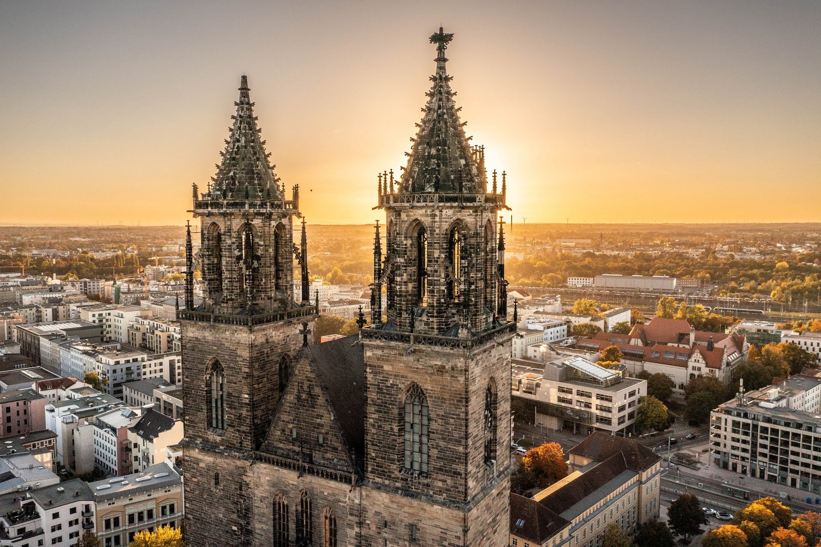 Magdeburg with its cathedral, Green Citadel, and the Elbe River.