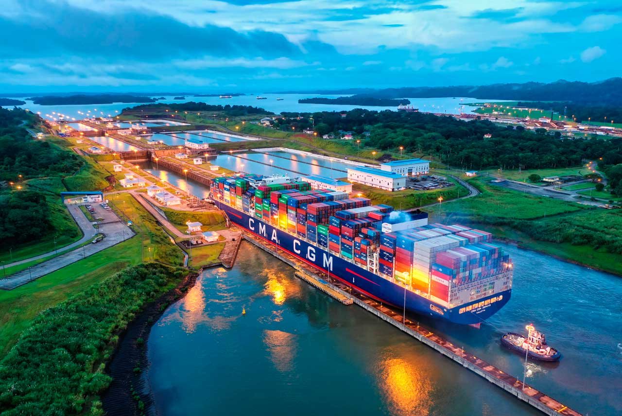 Ships passing through the Panama Canal, connecting the Atlantic and Pacific Oceans.